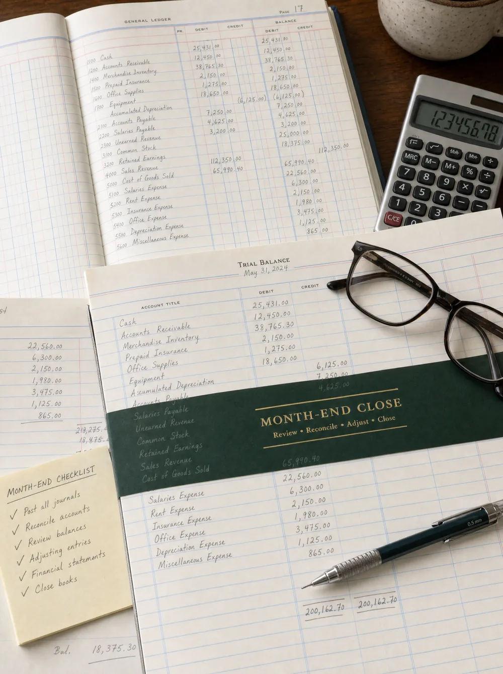 A general ledger and trial balance with a green month-end close band, glasses and a calculator