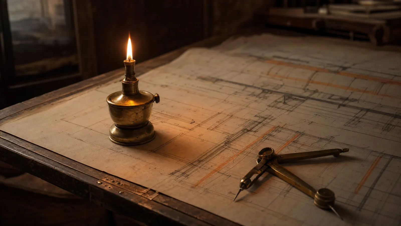 An oil lamp burning on a drafting table beside rolled drawings